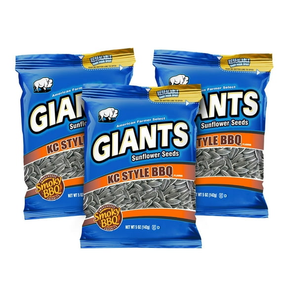 GIANTS KC Style BBQ Sunflower Seeds - Sunflower Seeds Bulk, Roasted Sunflower Seeds to Eat, BBQ Flavor, Healthy Snack with 8g Protein Per Serving - 5 oz Resealable Bags Pack of 3