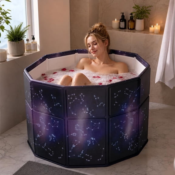 GIATUEE Portable Collapsible Bathtub for Adults – Freestanding PVC Soaking Tub with Thickened Thermal Foam for Hot & Ice Bath, Indoor/Outdoor Shower Use (Galaxy Purple)