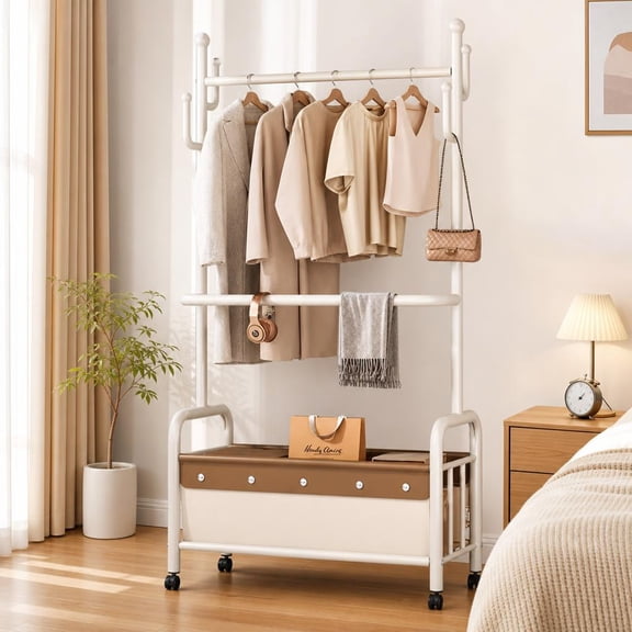 GIATUEE Portable Metal Clothes Rail with Shelves & Hooks – Free Standing Garment Rack for Bedroom, Mobile Clothes Hanging Rack with Shoe Storage