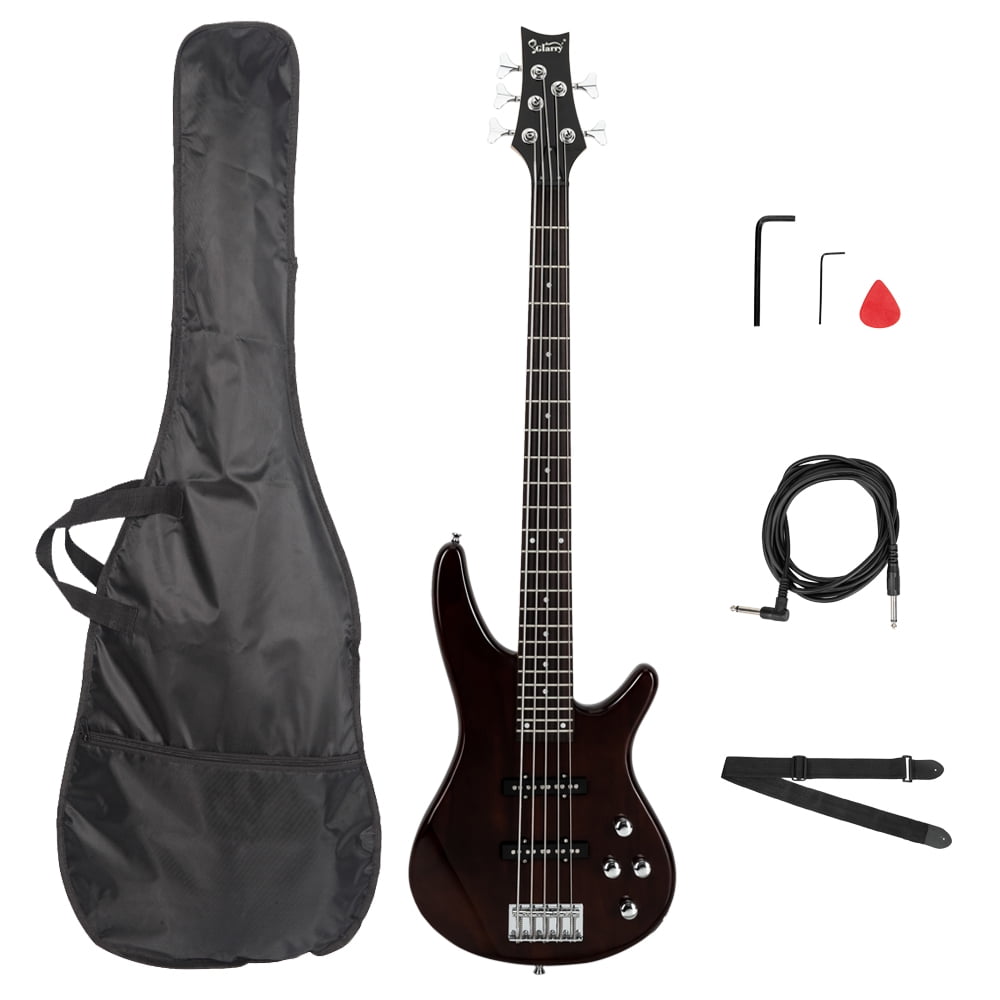 GIB Electric 5 String Bass Guitar Full Size Adjustable Bridge With Bag Strap Pick For Beginners Pros Earth Brown