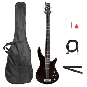 GIB Electric 5 String Bass Guitar Full Size Adjustable Bridge With Bag Strap Pick For Beginners Pros Earth Brown