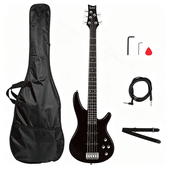 GIB Electric 5 String Bass Guitar Full Size Adjustable Bridge With Bag Strap Pick For Beginners Pros Earth Brown