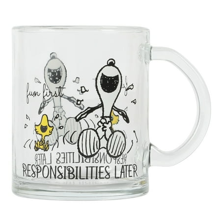 GIBSON HOME GLASS SNOOPY FUN FIRST RESPONSIBILITIES LATER MUG