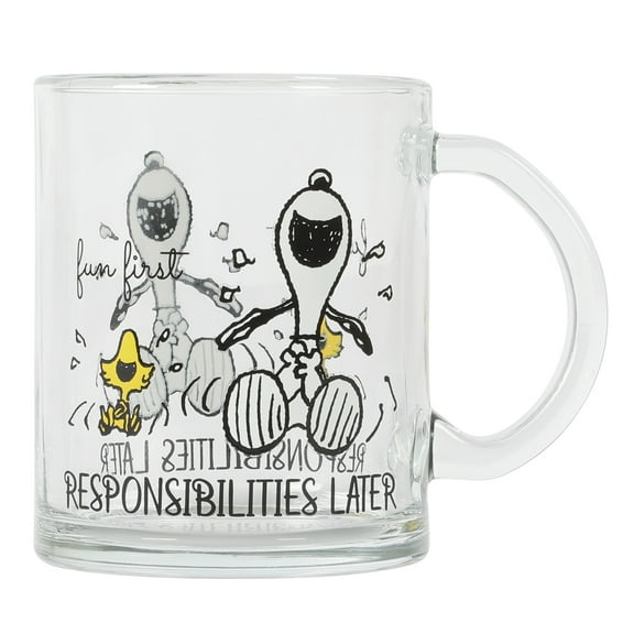 GIBSON HOME GLASS SNOOPY FUN FIRST RESPONSIBILITIES LATER MUG