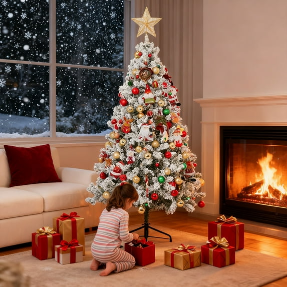 NOVAROOT 4.5ft Pre-Lit Holiday Christmas Pine Tree Snow Flocked Branches,100 Warm White Lights