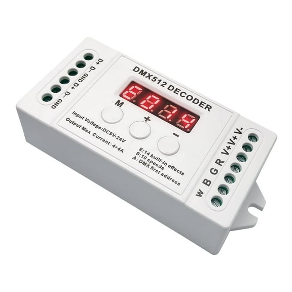 GIDEALED 4 Channel RGBW DMX Decoder with Digital Display, RGBW DMX512 Mini Decoder DMX Dimmer Driver 16A PWM Dimming LED Controller for RGB RGBW LED Strips DC12-24V