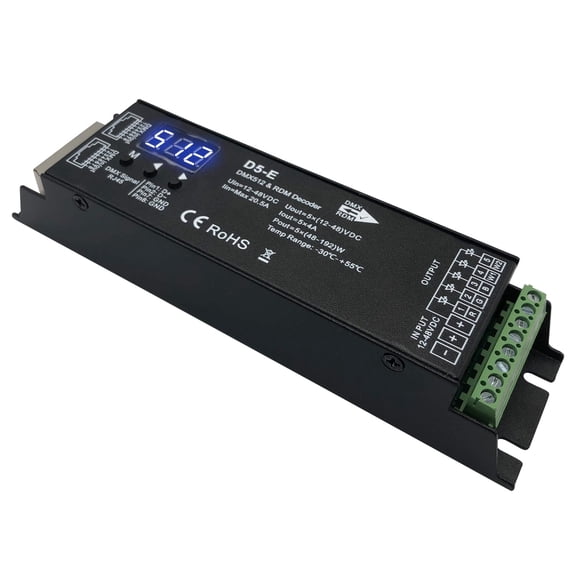 5 Channel DMX Decoder with RDM Digital Display,DMX512 Dimmer Driver PWM RGBCCT LED Controller for RGBWW RGBW or 5 group White light strips