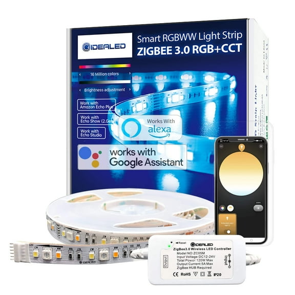 GIDEALED Smart Zigbee 3.0 RGBWW LED Strip Lights 16.4ft Kit Compatible with Echo Plus Echo Studio Alexa Voice & APP Control RGB Warm White Cold White RGBCCT LED Strips Dimmable,Hub Bridge Required