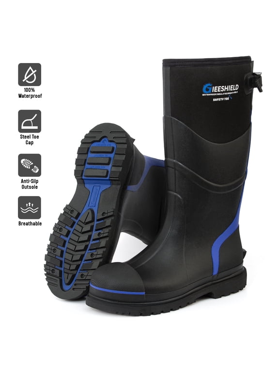 Men's Rubber Work Boots with Steel Toe & Shank, Waterproof & Anti-Slip, 6mm Neoprene, Durable Rubber Boot for Construction, Farming, Manufacturing, Size 11