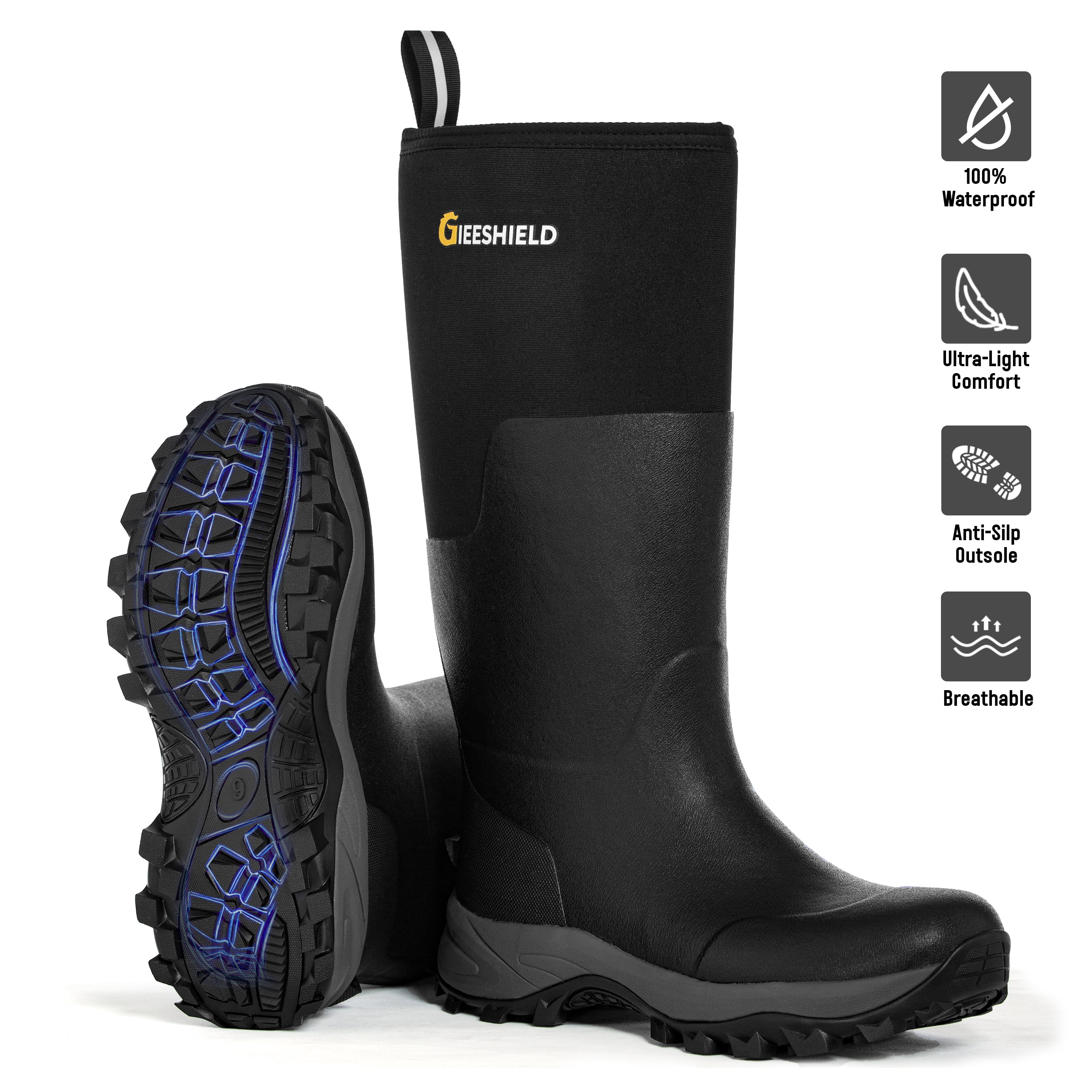 GIEESHIELD Rubber Boots for Men & Women – Ultra-Light Waterproof 6mm Neoprene Insulated Boots with Anti-Slip Sole, Warm Hunting & Rain Boots for Farming, Snow, Mud(Black, Next Camo G2)