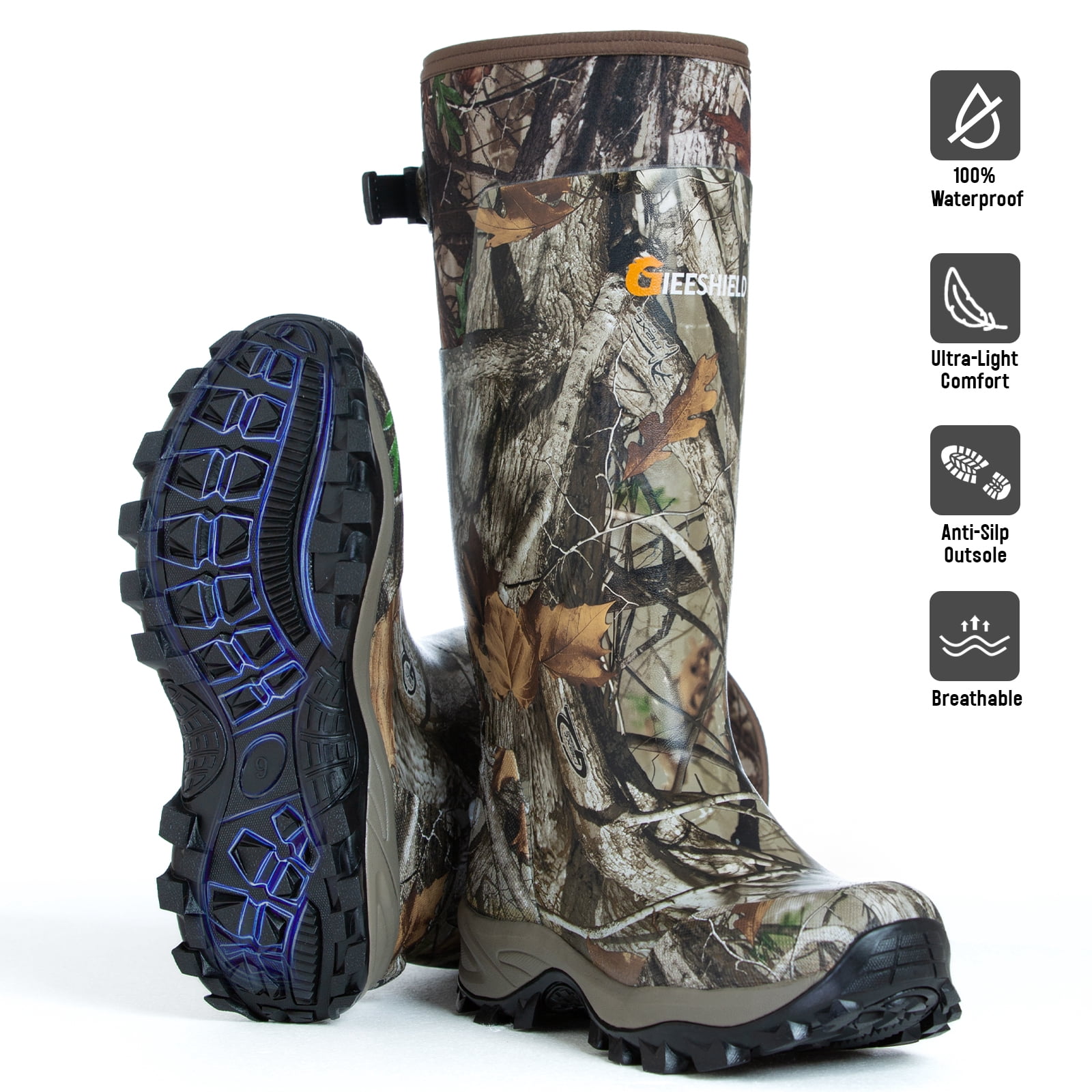GIEESHIELD Rubber Boots for Men & Women – Ultra-Light Waterproof 6mm Neoprene Insulated Boots with Anti-Slip Sole, Warm Hunting & Rain Boots for Farming, Snow, Mud(Black, Next Camo G2)