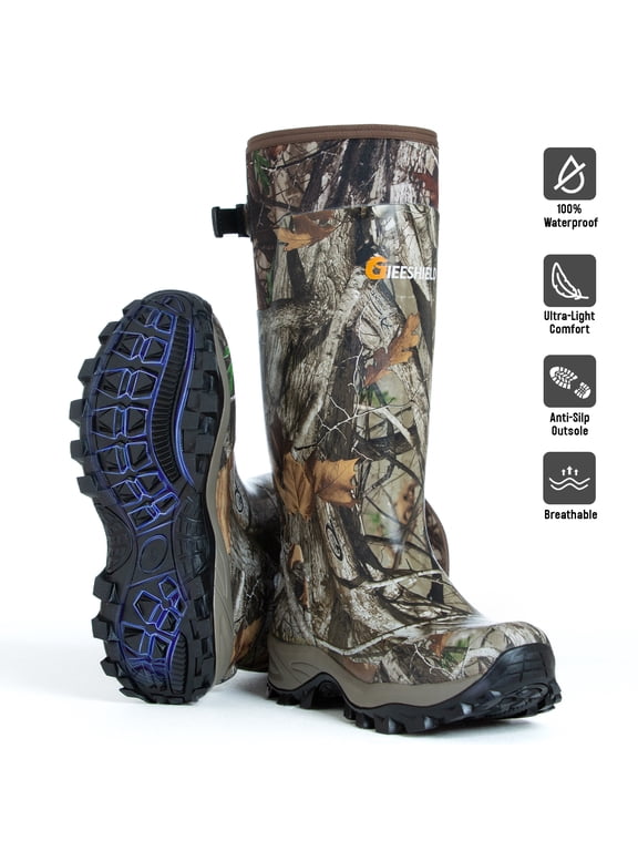 Rubber Boots for Men & Women – Ultra-Light Waterproof 6mm Neoprene Insulated Boots with Anti-Slip Sole, Warm Hunting & Rain Boots for Farming, Snow, Mud(Black, Next Camo G2)