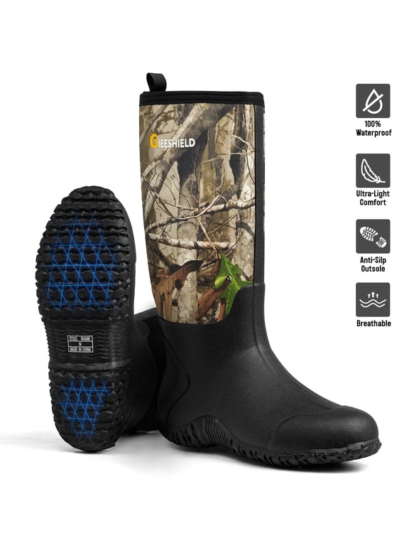 Rubber Boots for Men And Women,Waterproof Insulated Hunting & Work Boots with Steel Shank, Durable Anti-Slip Outdoor Boots for Farming, Gardening, Fishing, Mud Working(Black, Next G2 Camo)