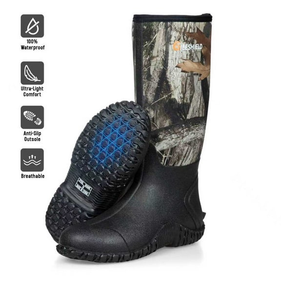 GIEESHIELD Rubber Boots for Men And Women,Waterproof Insulated Hunting & Work Boots with Steel Shank, Durable Anti-Slip Outdoor Boots for Farming, Gardening, Fishing, Mud Working(Black, Next G2 Camo)