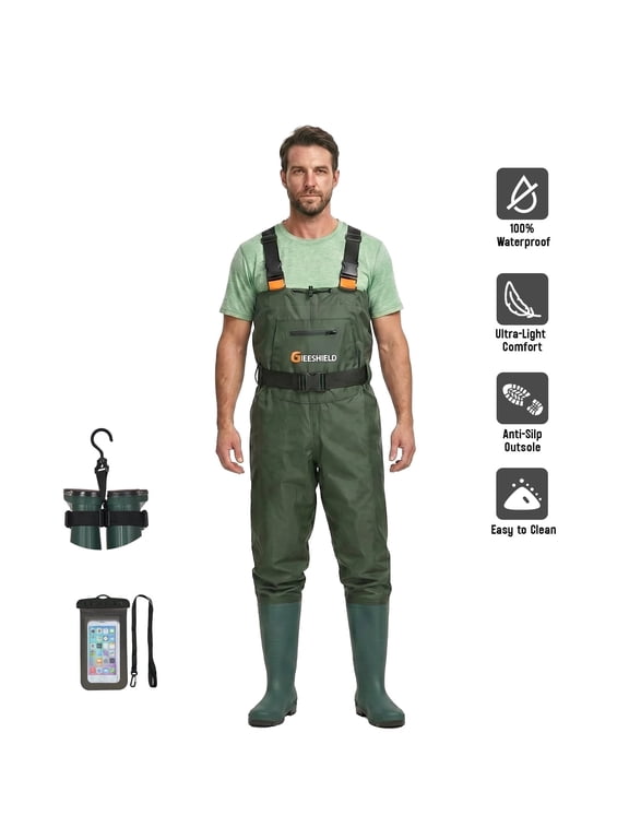 Waterproof Bootfoot Chest Waders for Men and Women, Lightweight 2-Ply Nylon/PVC Fishing & Hunting Waders with Boot Hanger - Green (Green, 11)