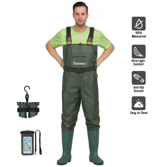 GIEESHIELD Waterproof Bootfoot Chest Waders for Men and Women, Lightweight 2-Ply Nylon/PVC Fishing & Hunting Waders with Boot Hanger - Green (Green, 12)