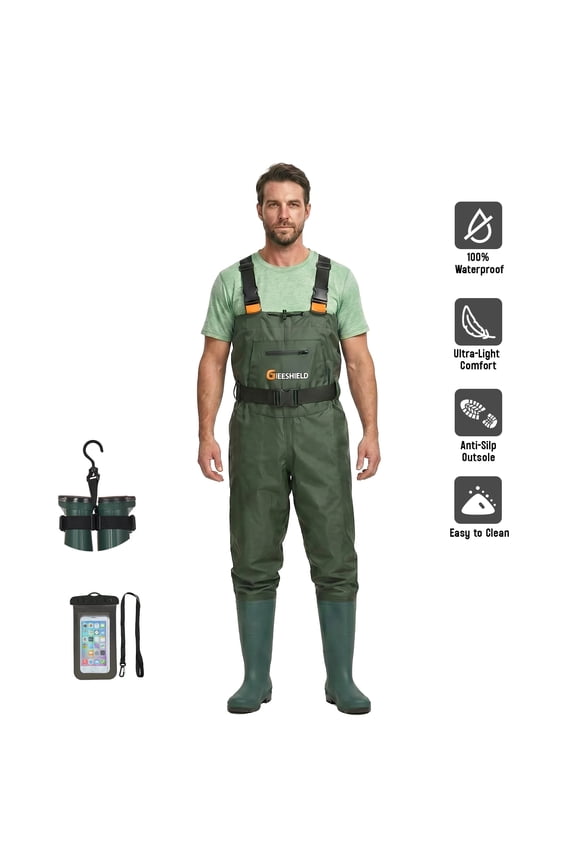 Waterproof Bootfoot Chest Waders for Men and Women, Lightweight 2-Ply Nylon/PVC Fishing & Hunting Waders with Boot Hanger - Green (Green, M5/W7)