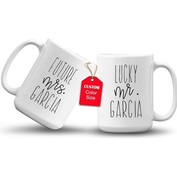 GIFAMI Future Mrs Lucky Mr Engaged Gifts, Personalized Gift Ideas for Him Her Lovers Newlyweds Promise Engagement Set of 2 Ceramic Coffee Mug (Future Mrs and Lucky Mr, 15oz. Pink Accent Mug)
