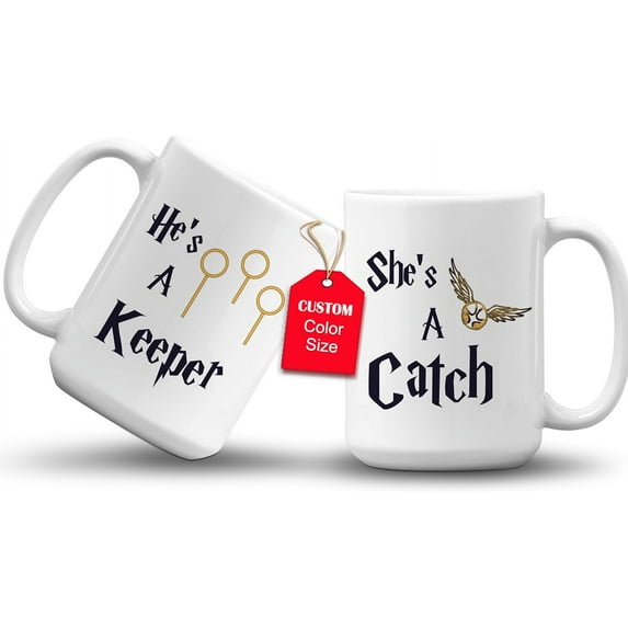 GIFAMI Wedding Gift, Engagement Anniversary Funny Gifts Mug for Couples (He's a Keeper She's a Catch, 11oz. Red Accent Couple Mug)