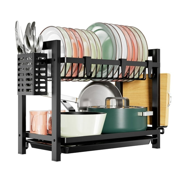 NIFFGAFF 2 Tier Black Dish Drainer Rack, Stainless Steel Drying Rack Kitchen, Drainers Draining Board with Drip Tray, Rust Proof Large Washing Up Sink （16.3*9.6*13.4in）