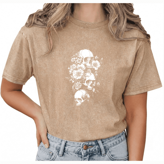 GIFFIMY Women's Brown 3 Stacked Skulls Floral Vintage Washed T-Shirt Short Sleeve S-2XL Relaxed Fit Top