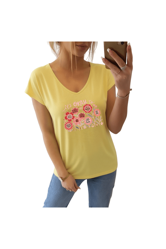 Women's Empowering Floral Graphic V-Neck Short Sleeve T-Shirt Mint Green Standard Fit Everyday Top