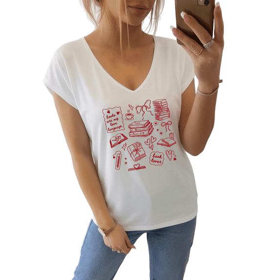 GIFFIMY Women's Vertical Color Block Graphic V-Neck Short Sleeve T-Shirt White Standard Fit Everyday Top