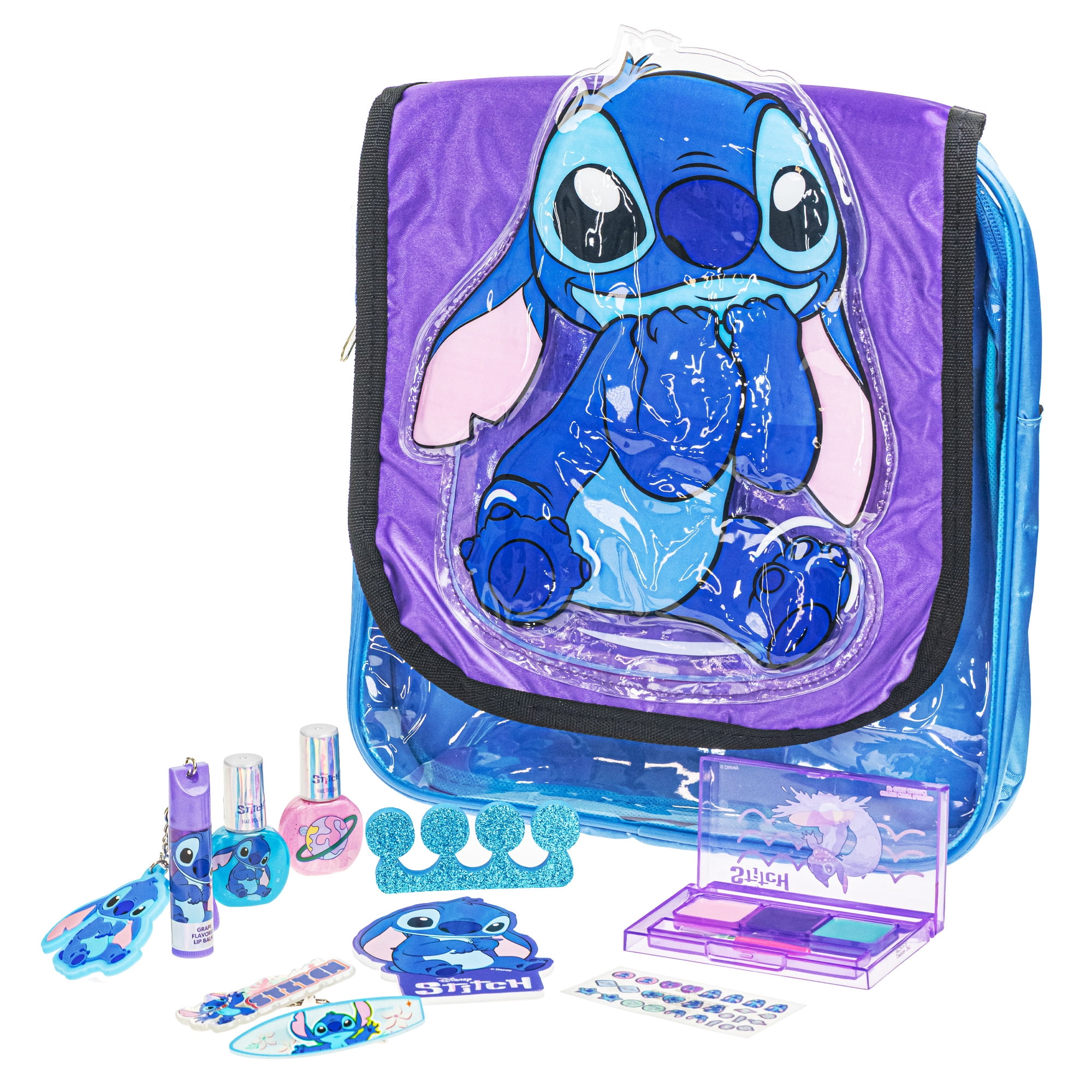 Disney Stitch Cosmetic Shoulder Bag, Makeup Filled Bag, Includes Lip, Nail, Hair Accessories, for Kids Ages 3+, 11 Pc