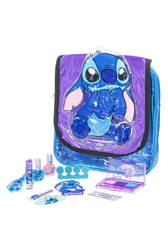 Disney Stitch Cosmetic Shoulder Bag, Makeup Filled Bag, Includes Lip, Nail, Hair Accessories, for Kids Ages 3+, 11 Pc
