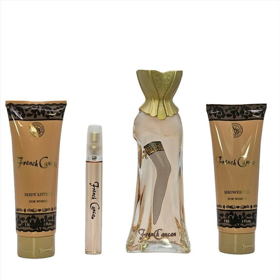 New Brand French Cancan , 4 Pc Gift Set 3.3oz EDP Spray, 0.5oz EDP Spray, 4.3oz Shower Gel, 4.3oz Body Lotion