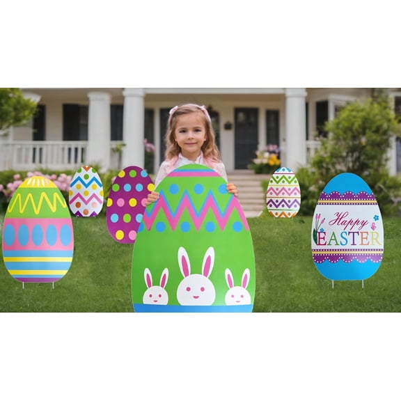 GIFTEXPRESS 6 Pcs Giant Easter Egg Yard Sign - 26 Inch Tall Yard Decorations w/Metal Stakes - Egg Hunt Decor for Outdoor Lawns, Pathway or Walkway