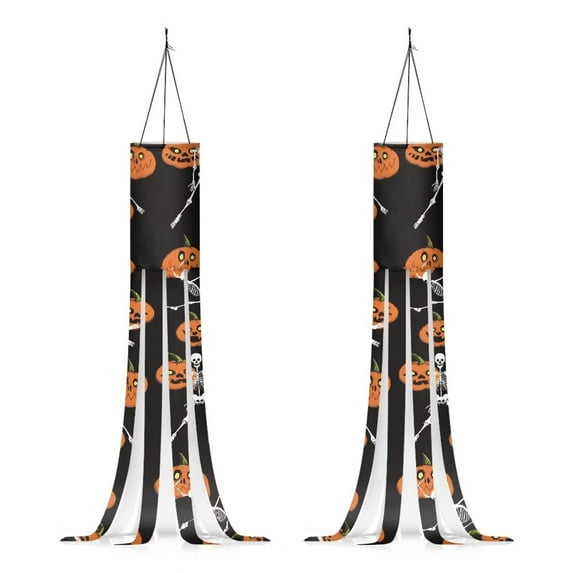 GIFTPUZZ 2 Packs Hanging Decoration Outdoor Indoor Home Decor Windsock Pendant for Front Yard Patio Lawn Garden Party Decorations (Halloween Pumpkin Skeleton)