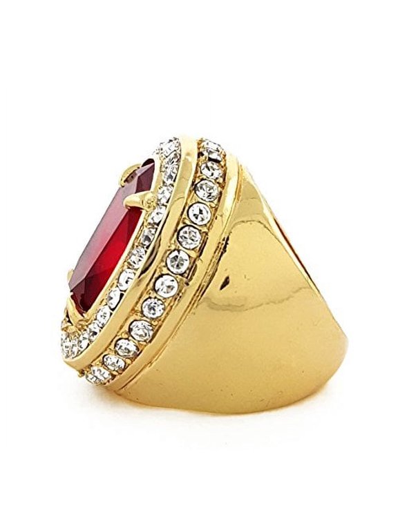 Gold Tone Oval Synthetic Red Cz Stone Men Rick Ross Hip Hop Style Ring (13)