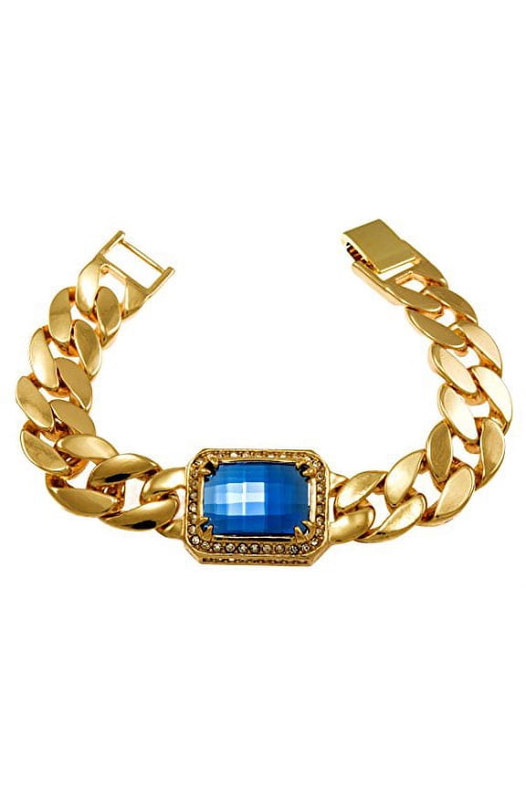 Gold Tone Synthetic Cz Stone Men Rick Ross Hip Hop Bracelet (Blue)