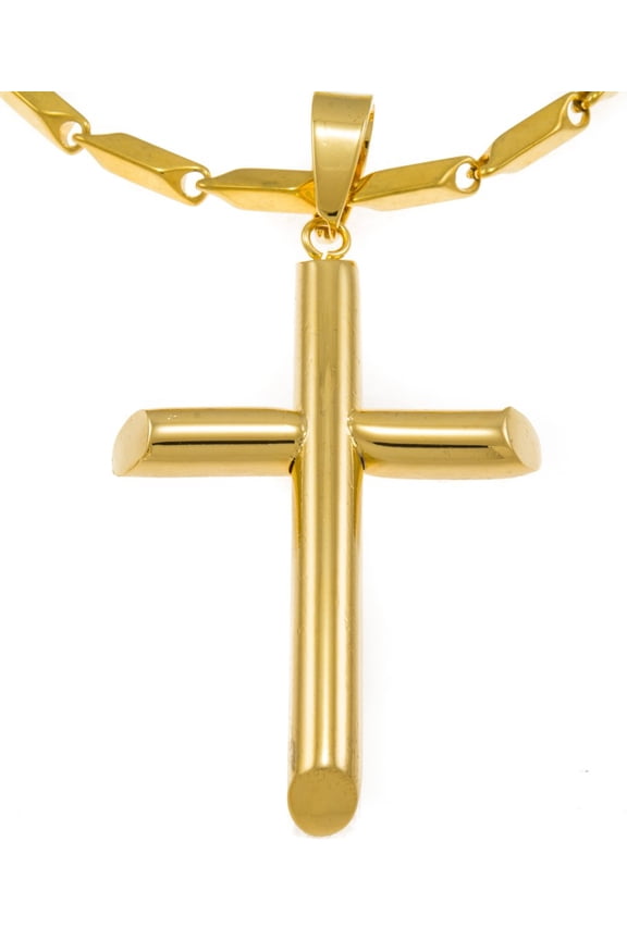 Hip Hop Bling Iced Surgical Stainless Steel Log Cross Gold Tone Pendant Free 36" Chain