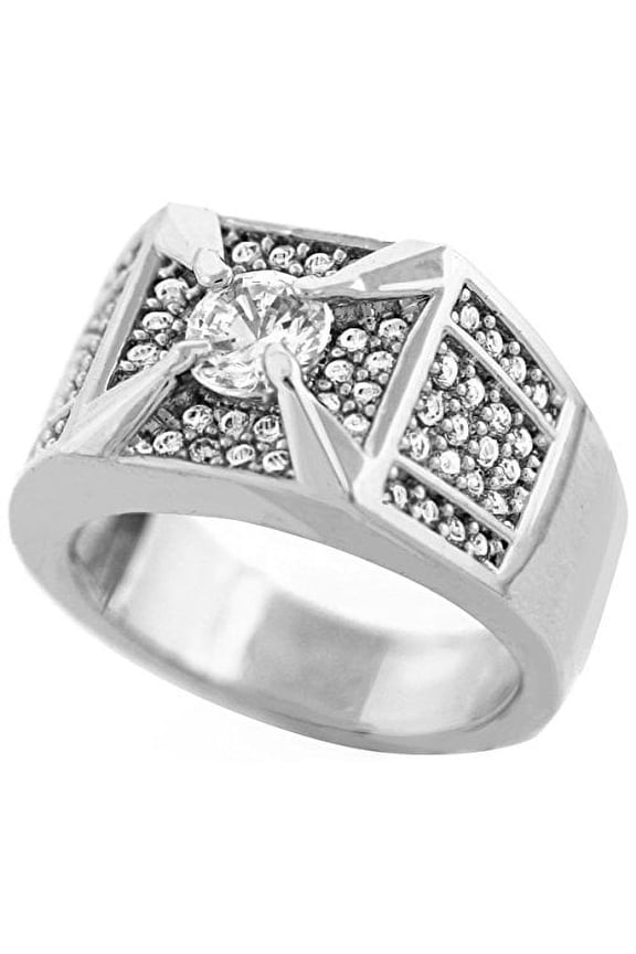 Men Brass Silver Tone Men's Hip Hop Micro Pave Ice Center Cz Ring (10)