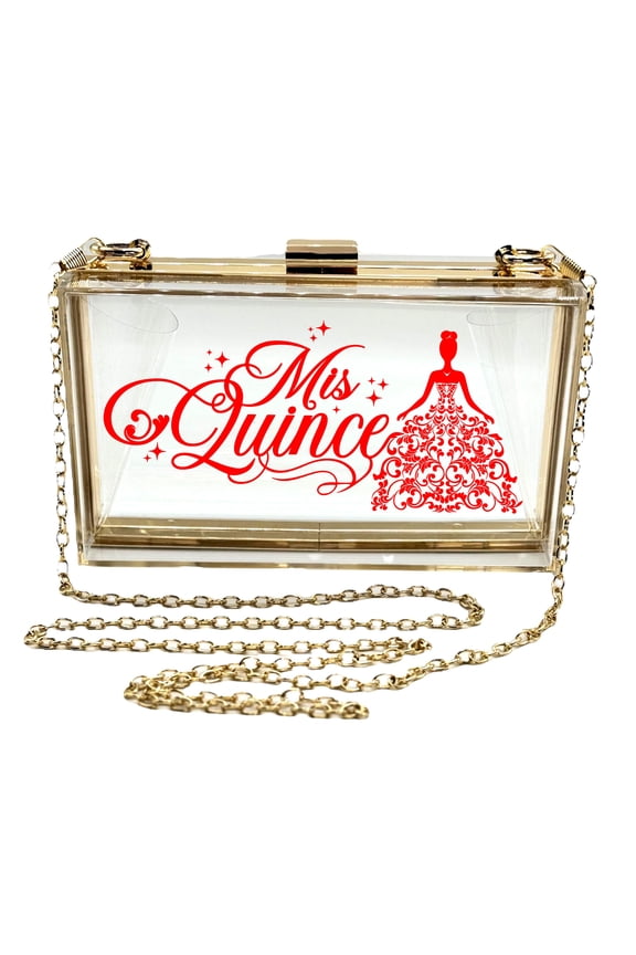 Mis Quince Aos Quinceanera Purse for Women Acrylic Clutch Bag Shoulder Handbag with Removable Chain (Clear/Red)