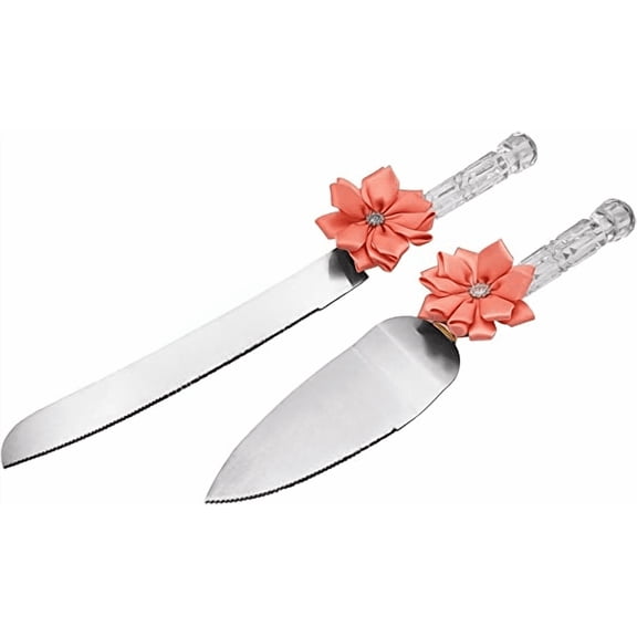 GIFTS INFINITY Mis Quince Anos Sweet Cake Cutter, Clear Crystal Plastic Handle Bow, Lovely Gift and Great Keepsake Item, Special Touch of Elegance Wedding (Peach)