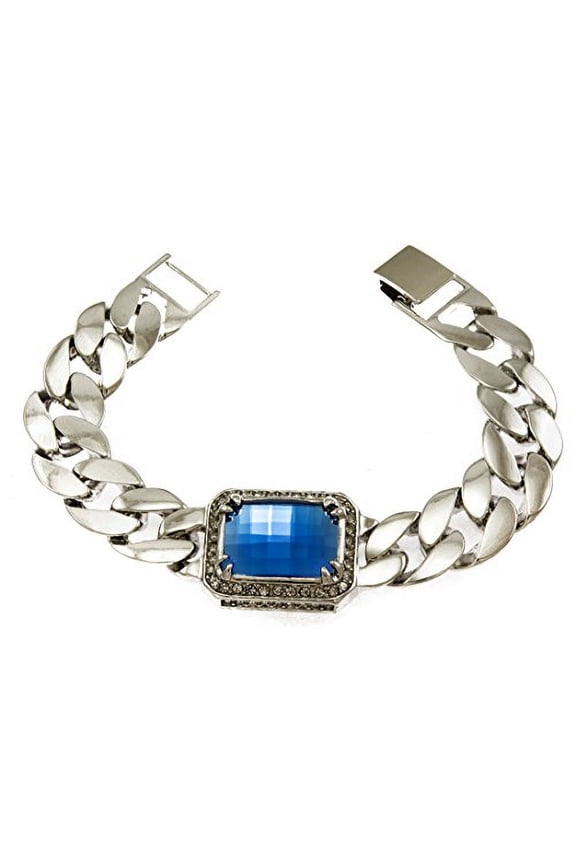 Silver Tone Synthetic Cz Stone Men Rick Ross Hip Hop Bracelet (Blue)