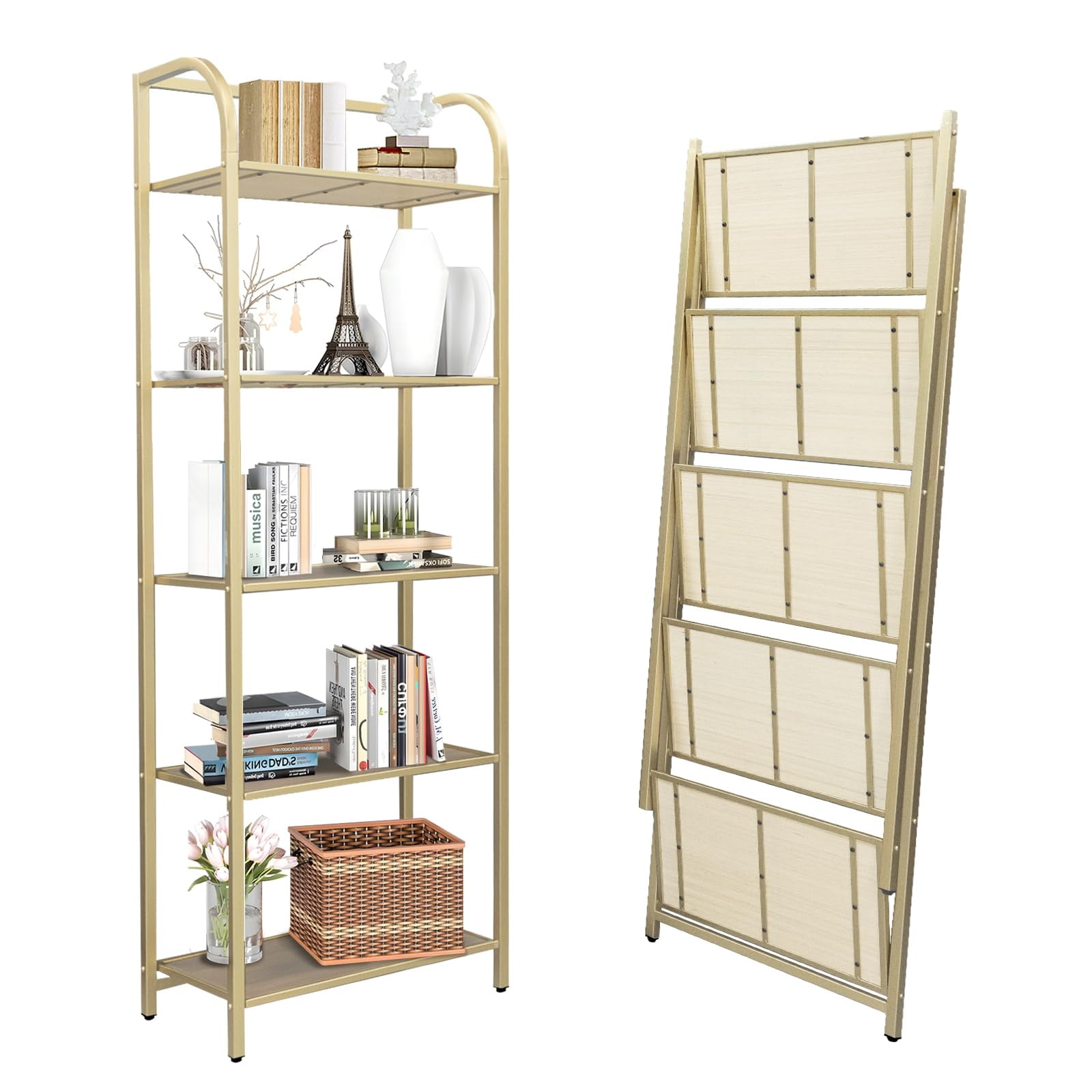 GIFTTROVE 5 Tier Folding Gold Metal Bookshelf for Living Room