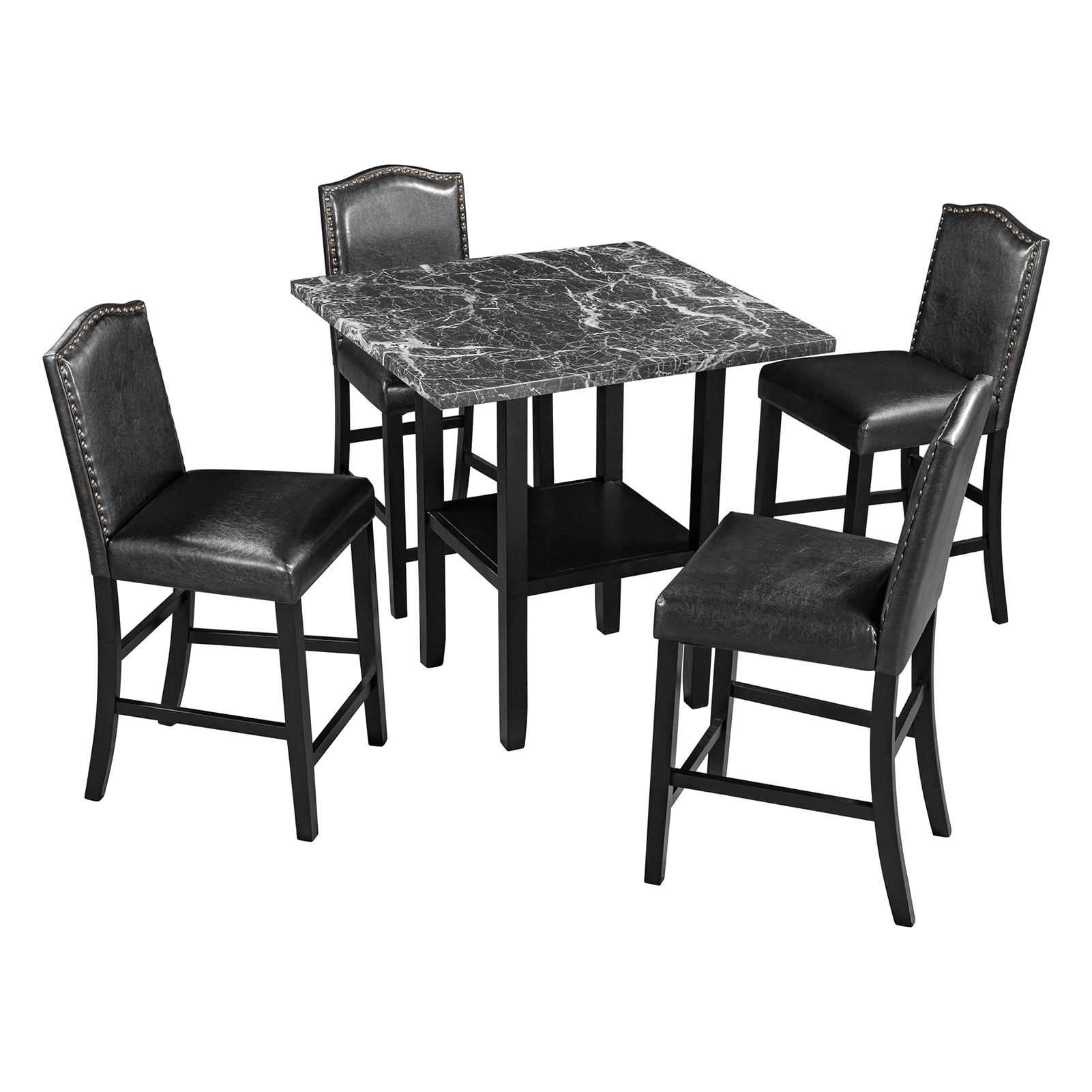 GIGA Modern Black Faux Leather Kitchen 4 Chairs Dining Table Set with