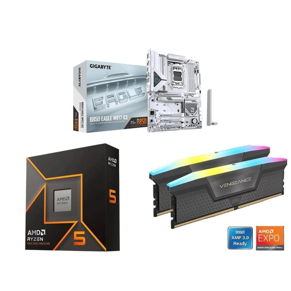 NEWEGG Motherboard CPU Memory Combo-B850 EAGLE WIFI7 ICE AMD AM5 LGA 1718 Motherboard Bundle with Ryzen 5 9600X 6-Core 3.9 GHz CPU and Vengeance RGB 16GB(2 x 8GB) 288-Pin PC RAM DDR5 6000 Memory