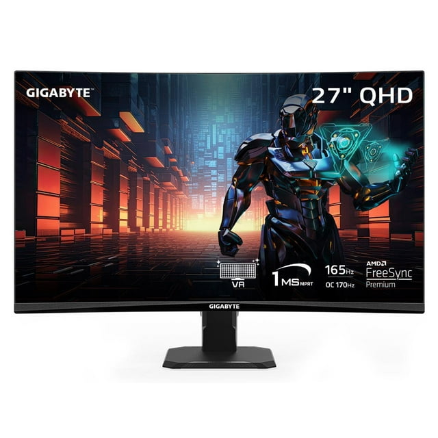 GIGABYTE - GS27QC - 27" VA Curved Gaming Monitor - QHD 2560x1440 - 165Hz/OC 170Hz - 1ms MPRT - AMD FreeSync Premium - HDMI, DP - Black