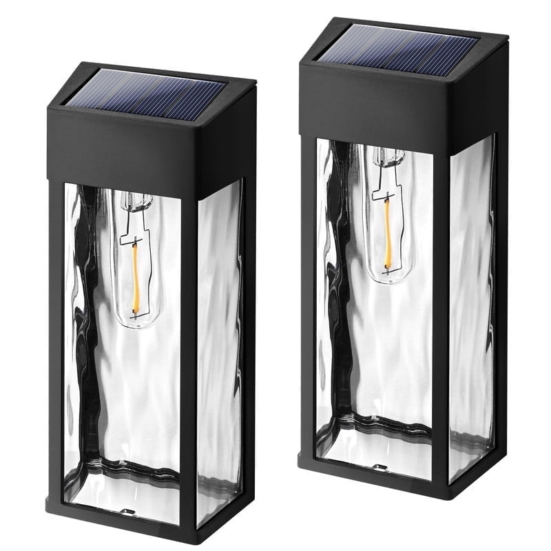FKHouse 2 Pack Outdoor Solar Wall Lights with LED Bulbs, Wireless Black Outdoor Lights Fixtures Wall Sconce for Patio