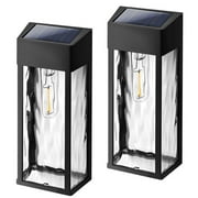 FKHouse 2 Pack Outdoor Solar Wall Lights with LED Bulbs, Wireless Black Outdoor Lights Fixtures Wall Sconce for Patio
