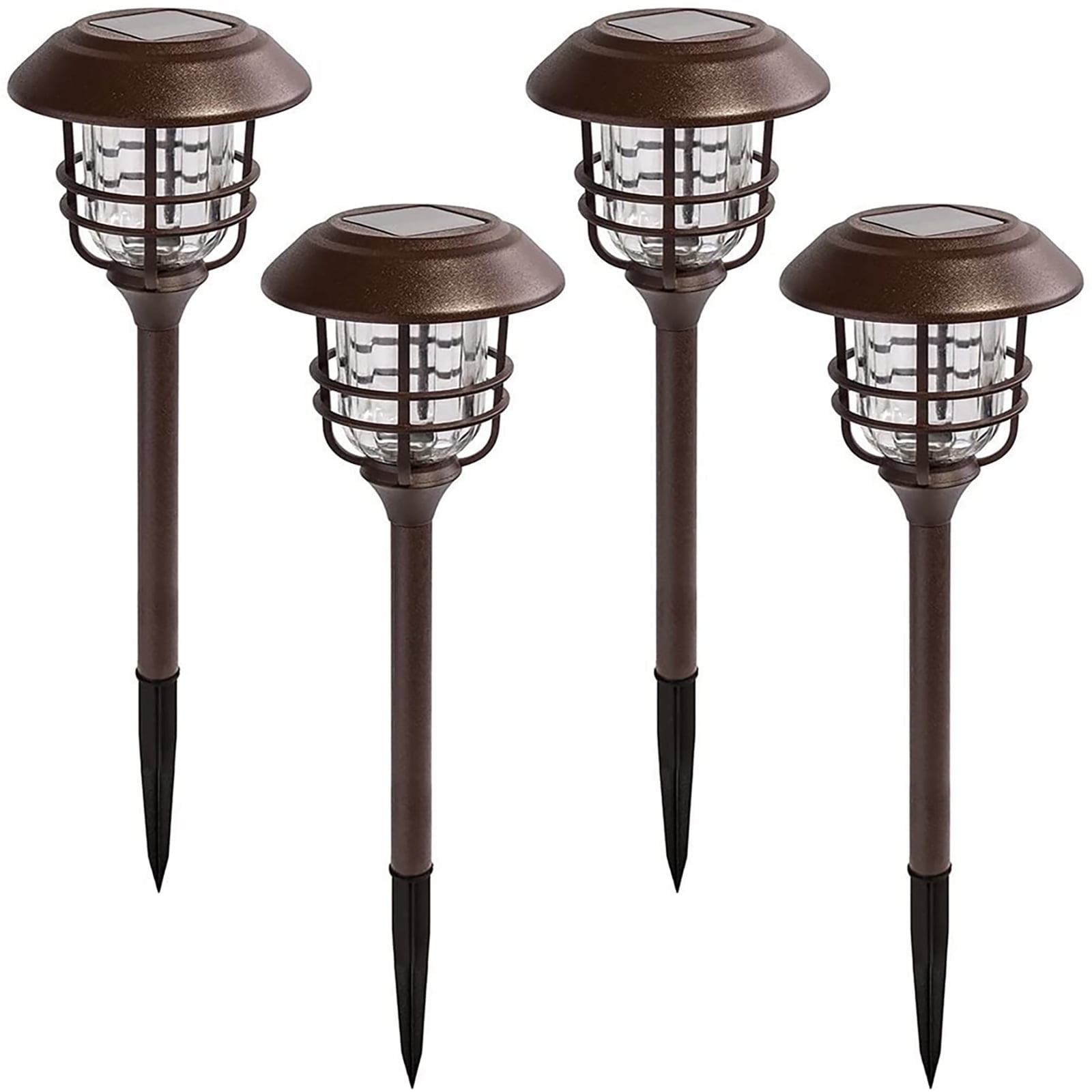FKHouse 4 Pack Outdoor Solar Lights, Glass and Powder Coated Cast Aluminum Metal Path Lights, High Lumen Output per LED, Easy No Wire Installation