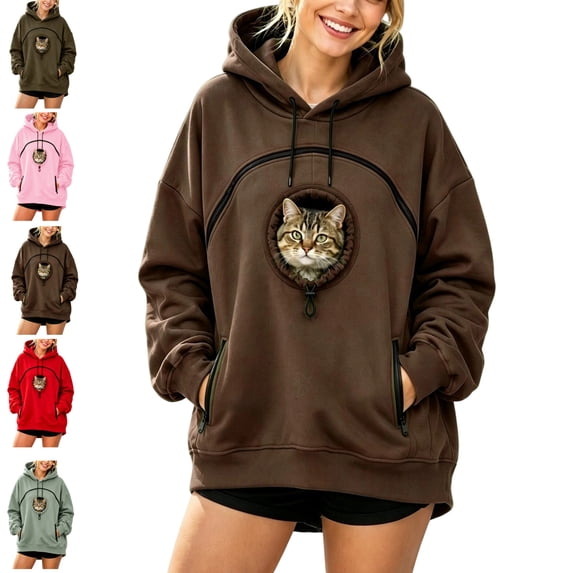 GIHAVUR Women'S Pet Hoodie with Cat Carrying Pocket and Hand Pockets Pullover Sweatshirt Side Zip Pocket Trendy Streetwear Top