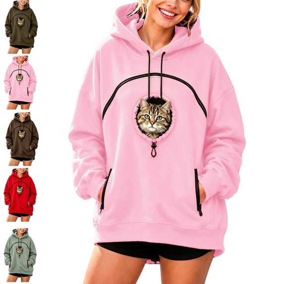GIHAVUR Women'S Pet Hoodie with Cat Carrying Pocket and Hand Pockets Pullover Sweatshirt Side Zip Pocket Trendy Streetwear Top
