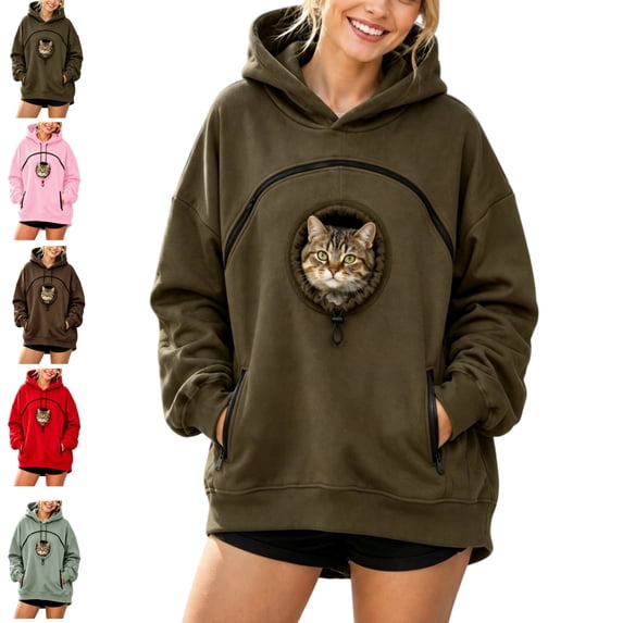 GIHAVUR Women'S Pet Hoodie with Cat Carrying Pocket and Hand Pockets Pullover Sweatshirt Side Zip Pocket Trendy Streetwear Top