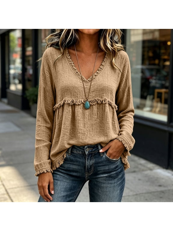 Women's Boho Fringe Tops Long Sleeve Cotton Linen Blend Blouse V Neck Flowy Tunic Casual Frayed Hem Shirt for Fall Vacation